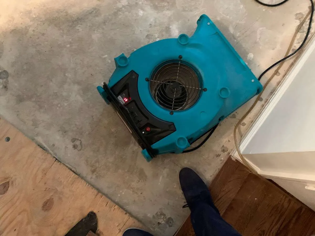 Air mover drying subfloor during Commercial Water Damage Restoration in Mechanicsburg